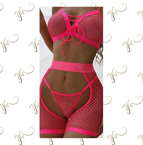 Hot pink mesh lingerie set2