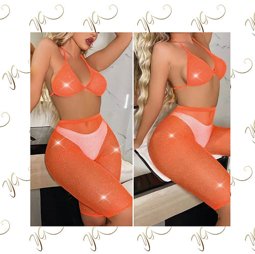Orange diamanté fishnet set
