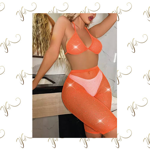 Orange diamanté fishnet set2