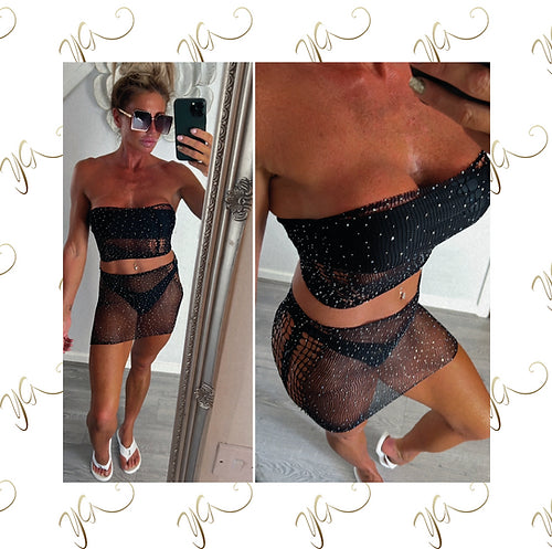 Black diamanté beach set