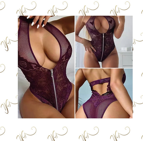 Burgundy lace zip bodysuit