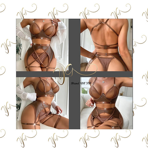 Chocolate mesh & pvc lingerie set